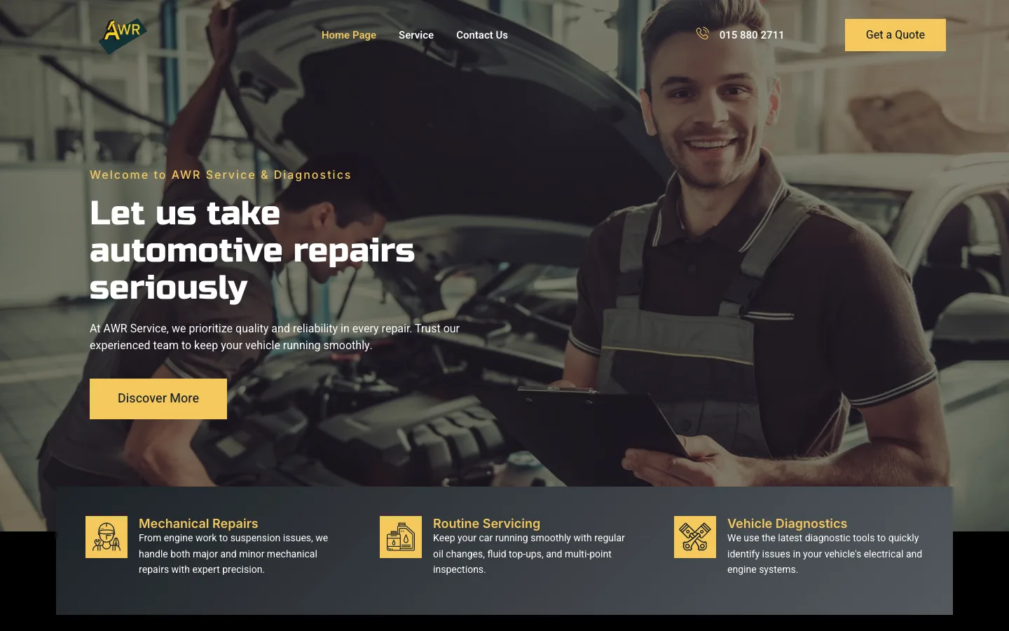 AWR Service and Diagnostics homepage, a technician with a clipboard beside a car with the bonnet open, headline 'Let us take automotive repairs seriously'