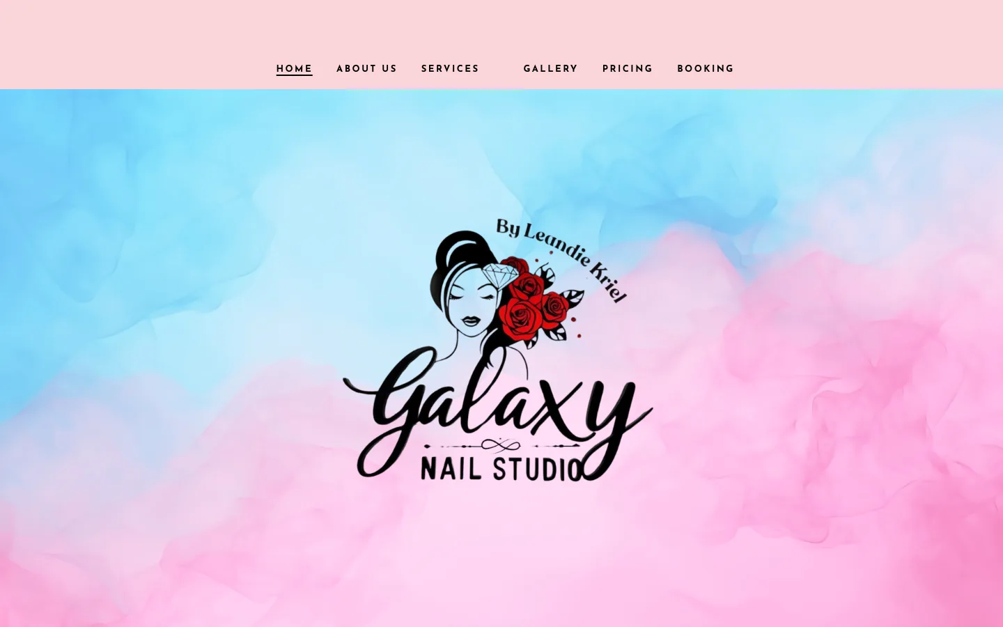 Galaxy Nail Studio homepage, a pastel cloud background with an illustrated logo
